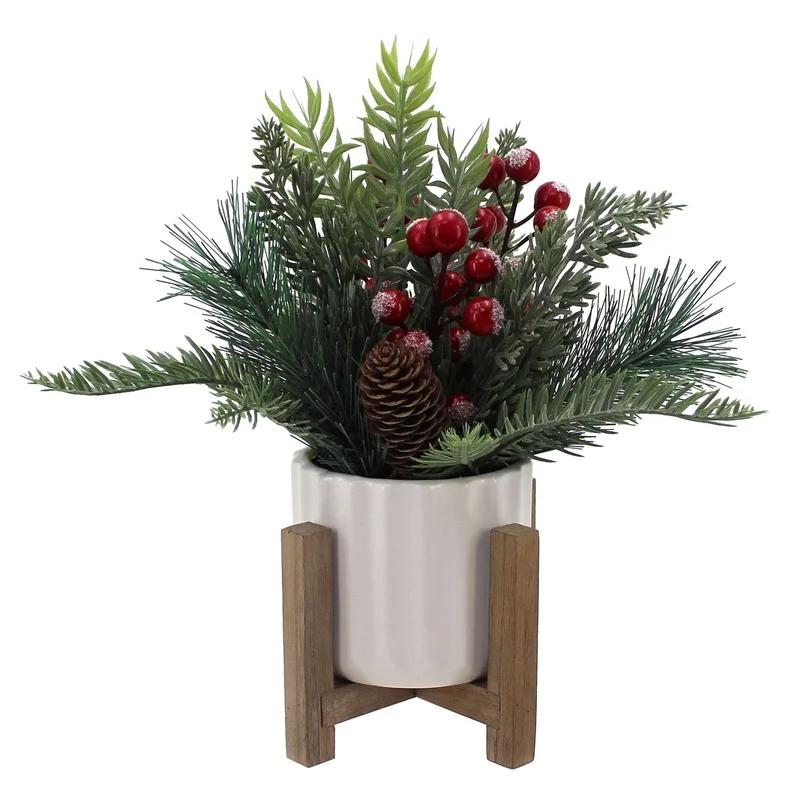 11" Artificial Christmas Tabletop Tree Red Berries Pine White Ceramic Planter Wooden Stand Holiday Home Decoration Indoor Use