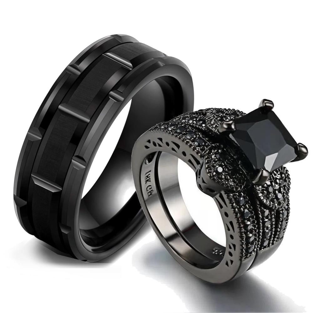 Charm Couple Rings Romantic Black Rhinestones Female Rings Set Trendy Men Stainless Steel Ring Fashion Jewelry For Lover Gifts