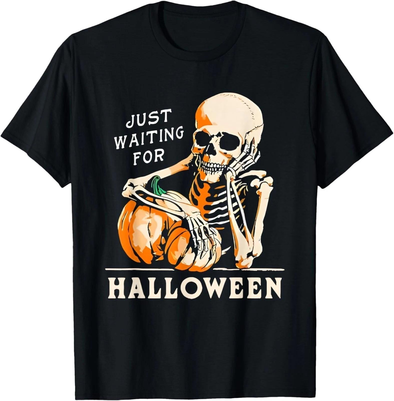 Skeleton Holding Pumpkin Just Waiting For Halloween T-Shirt S