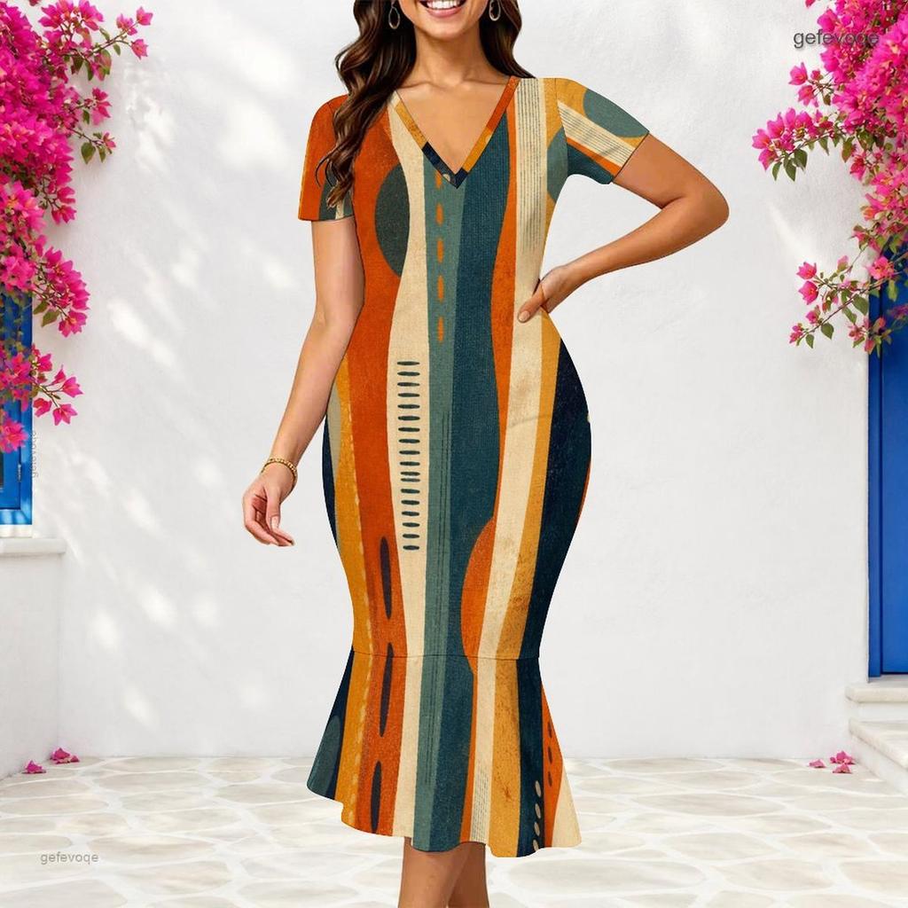Women Plus Size V Neck Short Sleeve Geometric Printed Fitted Fishtail Dress