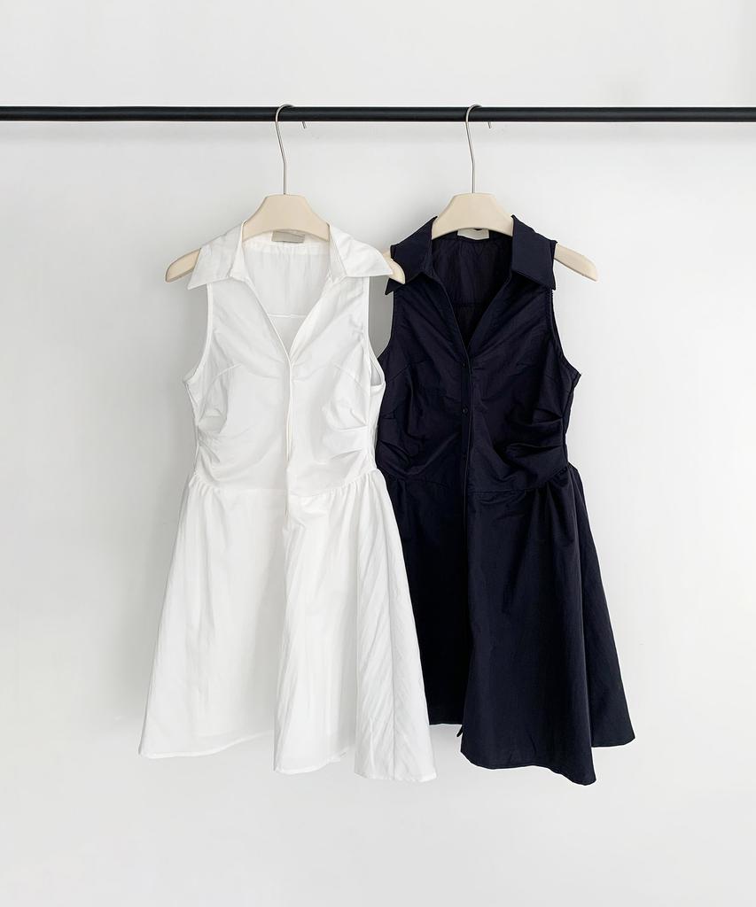 Baseukala Shirring Sleeveless Collar Shirt Mini Dress (2Colors)