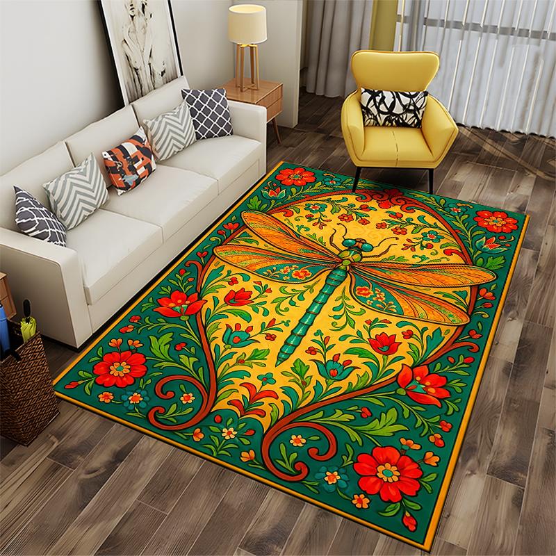 Dragonfly Floral Pattern Carpet with Vibrant Yellow and Green Design Suitable for Use As an Anti-slip for Living Room Bedroom Sofas