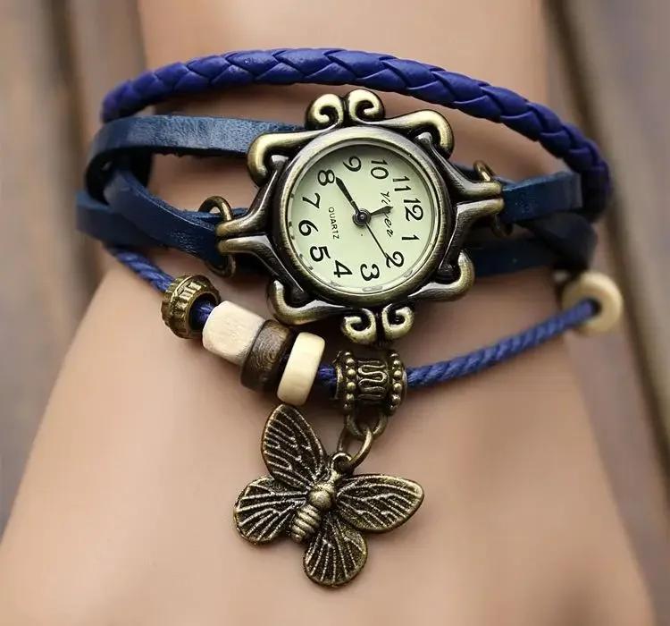 Vintage Fashion Creative Gifts Cow Leather Watch Women Ladies Fashion Butterfly Beads Dress Quartz Wristwatch Accessories Decor