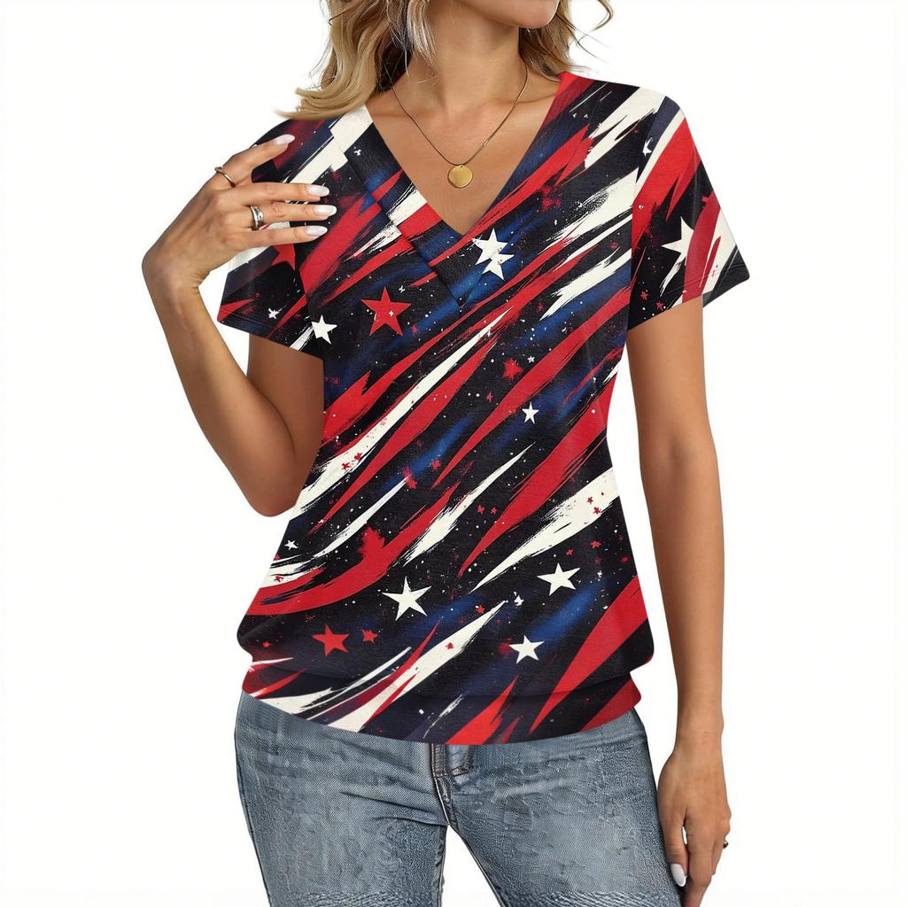 Women's Casual Short Sleeve V Neck Top Independence Day Printed T Shirt Lightweight Comfortable Summer Blouse