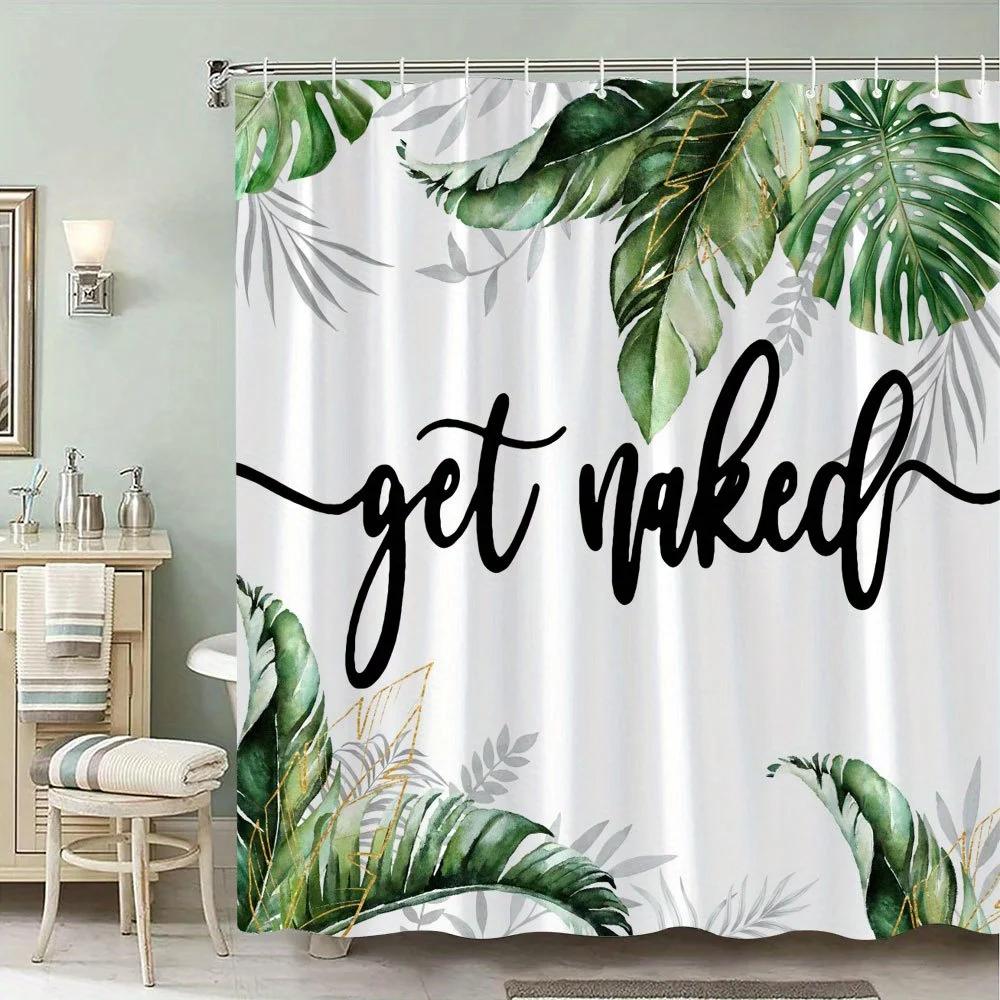 ~O~1pc 'Get Naked' Shower Curtain - Black Cursive Font, Green Tropical Leaves & Gold Accents, Polyester, Modern Nature Design
