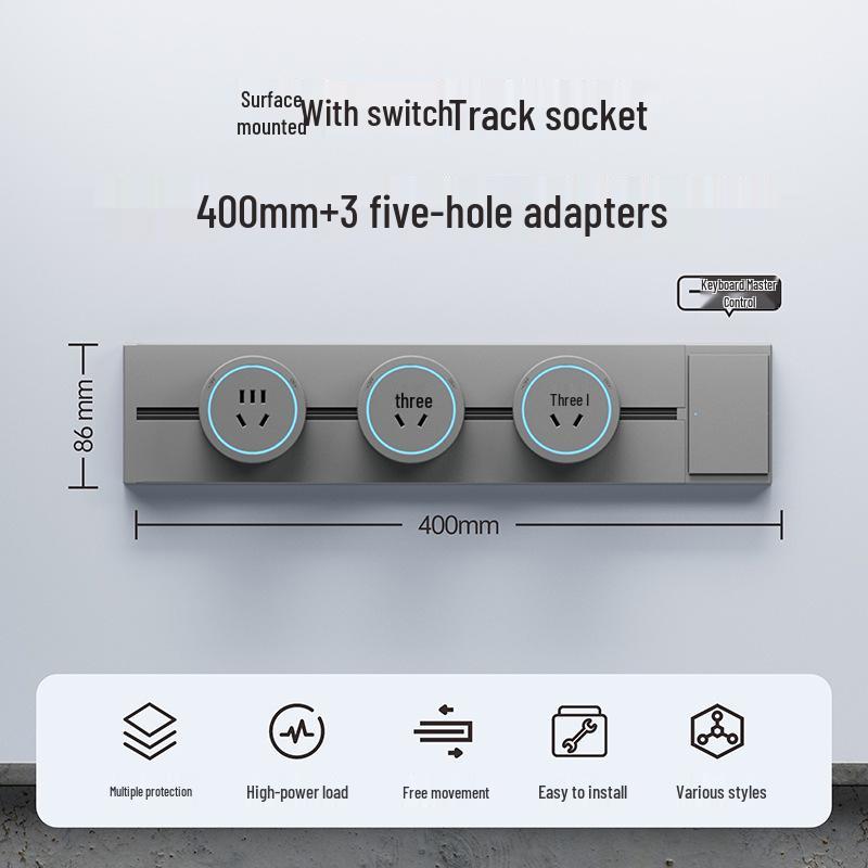 Surface-Mounted Anti-Shock Adjustable Power Strip with Switch Track for Kitchens
