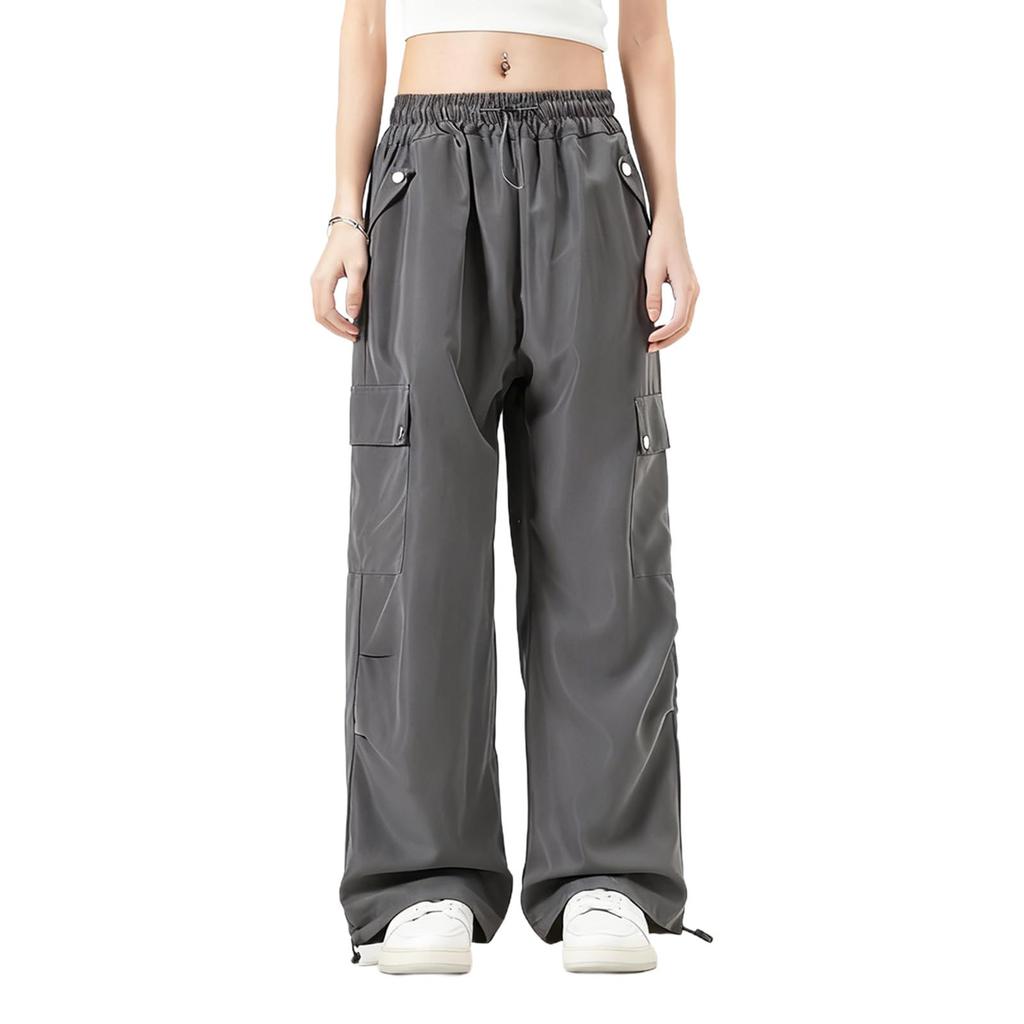 Damen Elastische Hose mit Hohem Bund Lässige Passform Weites Bein Lange Hose Hose mit Taschen