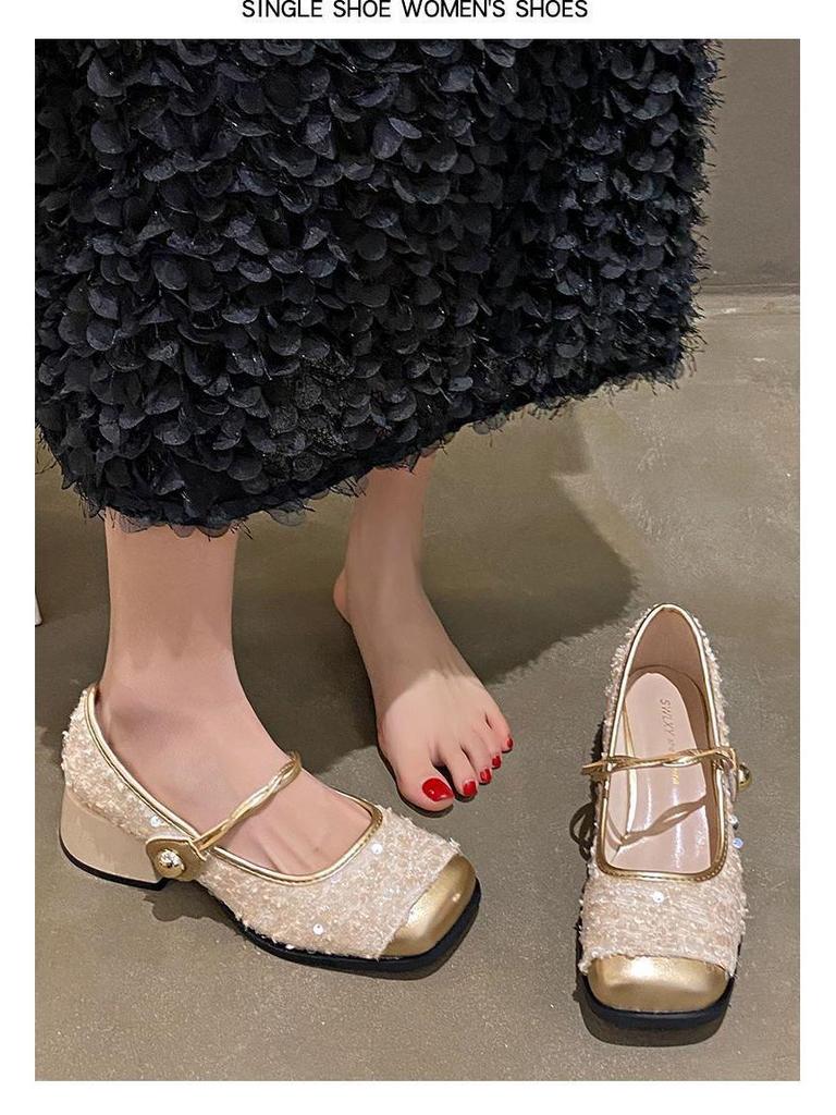 2024 Mary Jane Szpilki w stylu francuskim z cekinami: Szykowne Wiosenne Wieczorowe Skórzane Buty