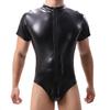Men's Slim Fit PU Leather Bodysuit - Short Sleeve Compression Shirt for OEM ODM