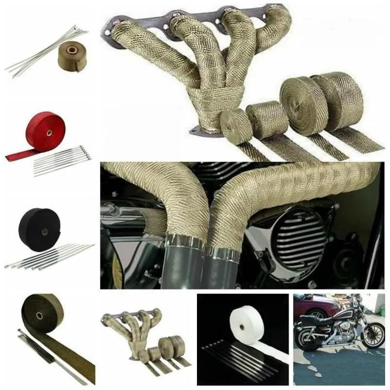 5M Rull Glassfiber Varmeskjold Motorsykkel Eksos Termisk Tape Manifold Rør Varmevikling Tape Termisk Beskyttelse med Rustfrie Bånd
