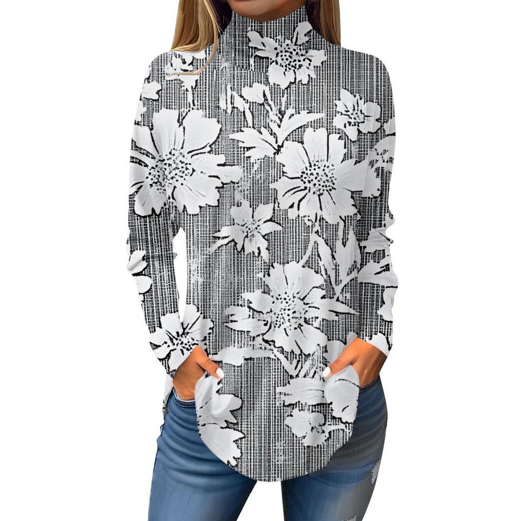 Koszulki damskie, jesienne, codzienne koszule z długim rękawem Bluza z nadrukiem w stylu vintage, sweter z wysokim dekoltem