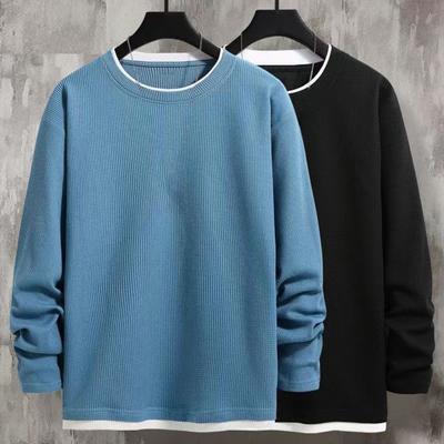 Men Sweatshirt Round Neck Long Sleeve Patchwork Color Fake Two Pieces Pullover Tops Waffle Texture Loose Fit Casual Tops