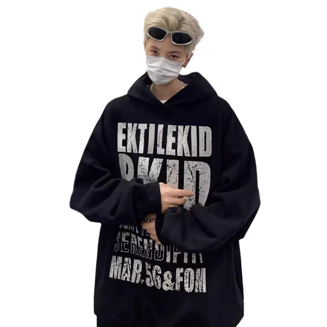 

Американский свитер с принтом букв Мужская осенняя повседневная толстовка Модная ретро-куртка XXL чёрный