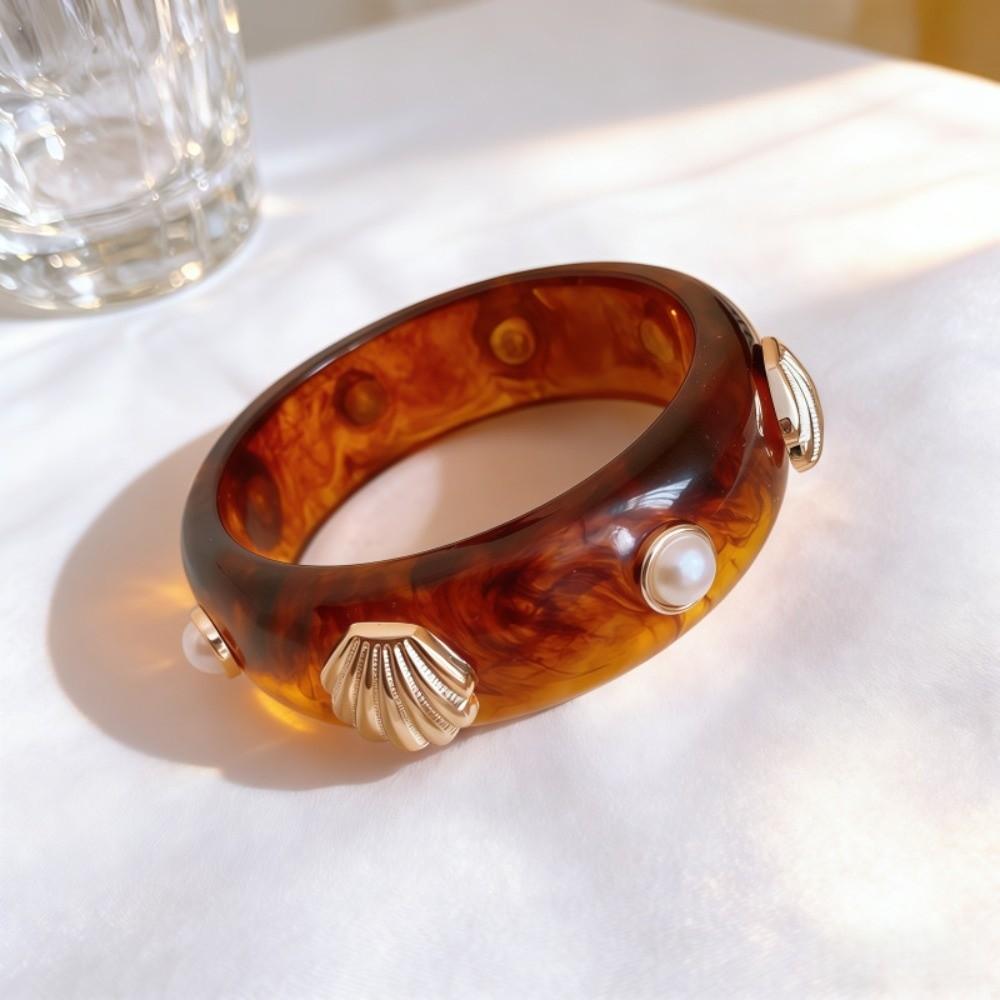 Pearl Shell Resin Cuff Bracelet Round Chunky Bangle Vintage Wide Cuff Bracelet  Gifts