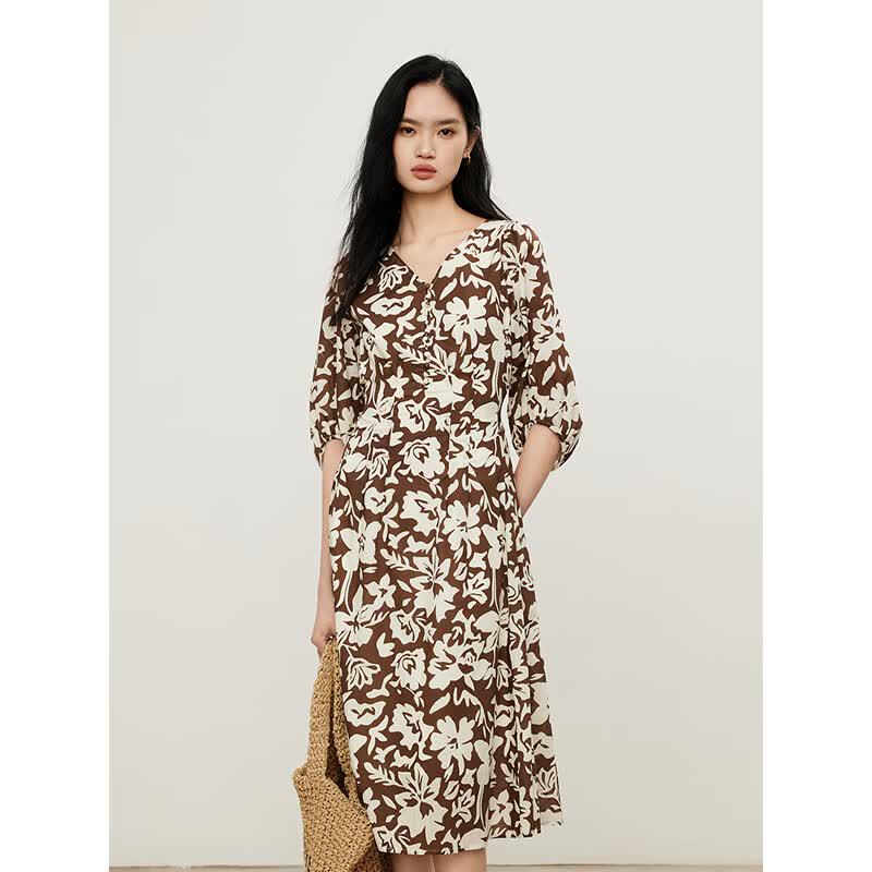 Gejin French Resort Printed V-neck Midi Dress M