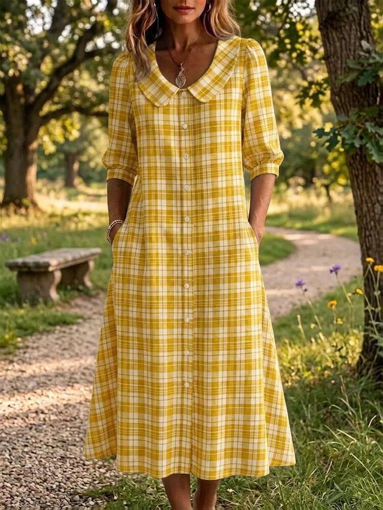 2026 summer retro literary yellow and white plaid doll collar dress seven-quarter sleeve single-breasted pocket S