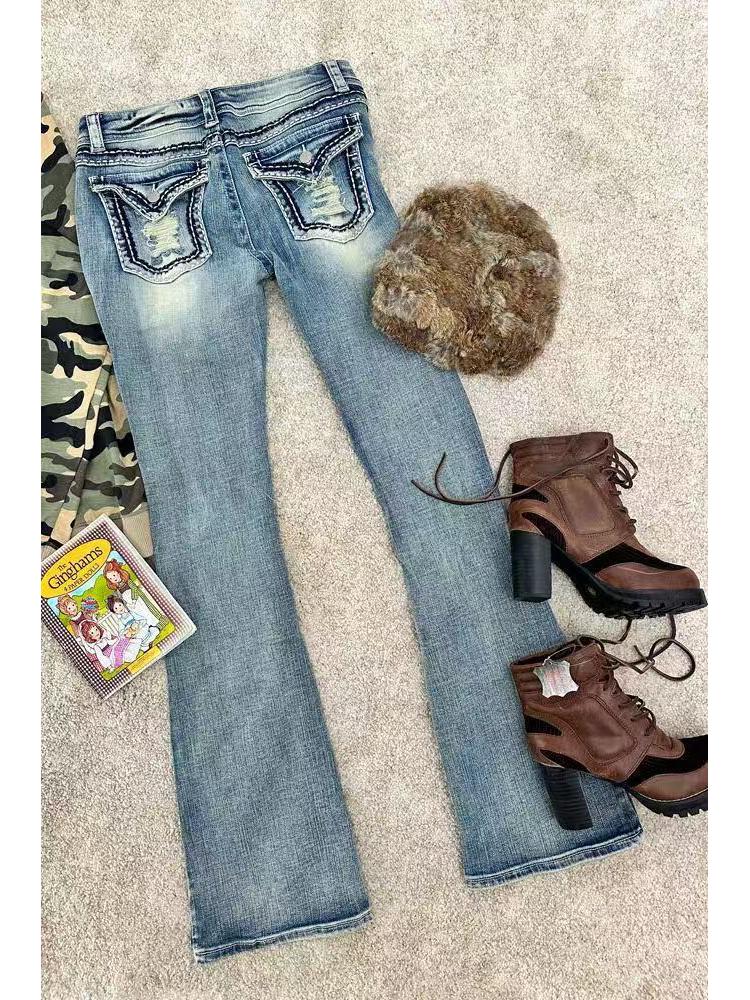 Tall Girl Low Waist Ripped Micro Flare Jeans - Slim Fit Summer Pants