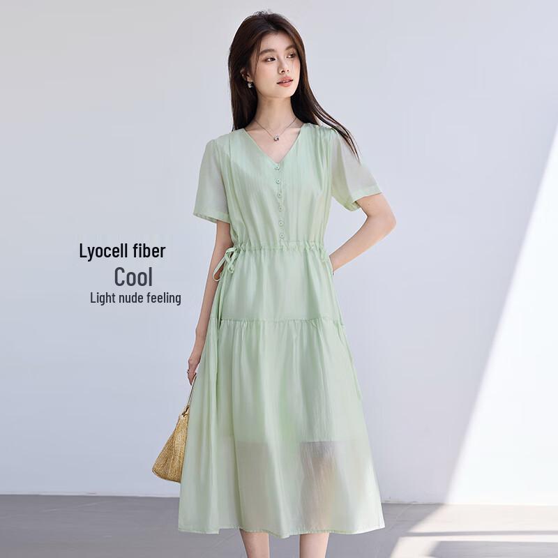 VICTORIA&VERA Women's Tencel V-Neck A-Line Midi Dress