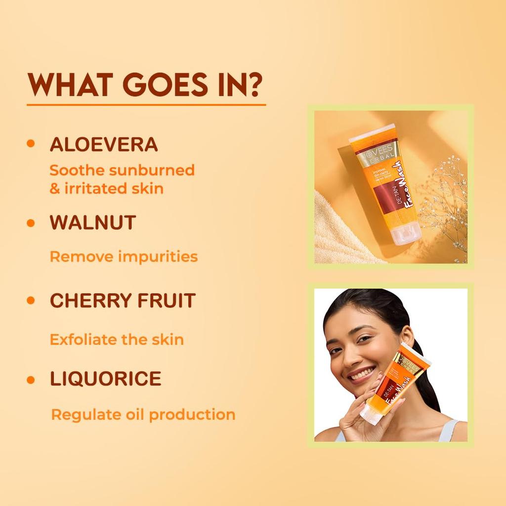 Jovees Herbal Detan Face Wash 120ml | Gentle Cleanser For Tan Removal, Bright Skin, Even Tone & Hydration | Suitable For All Skin Types