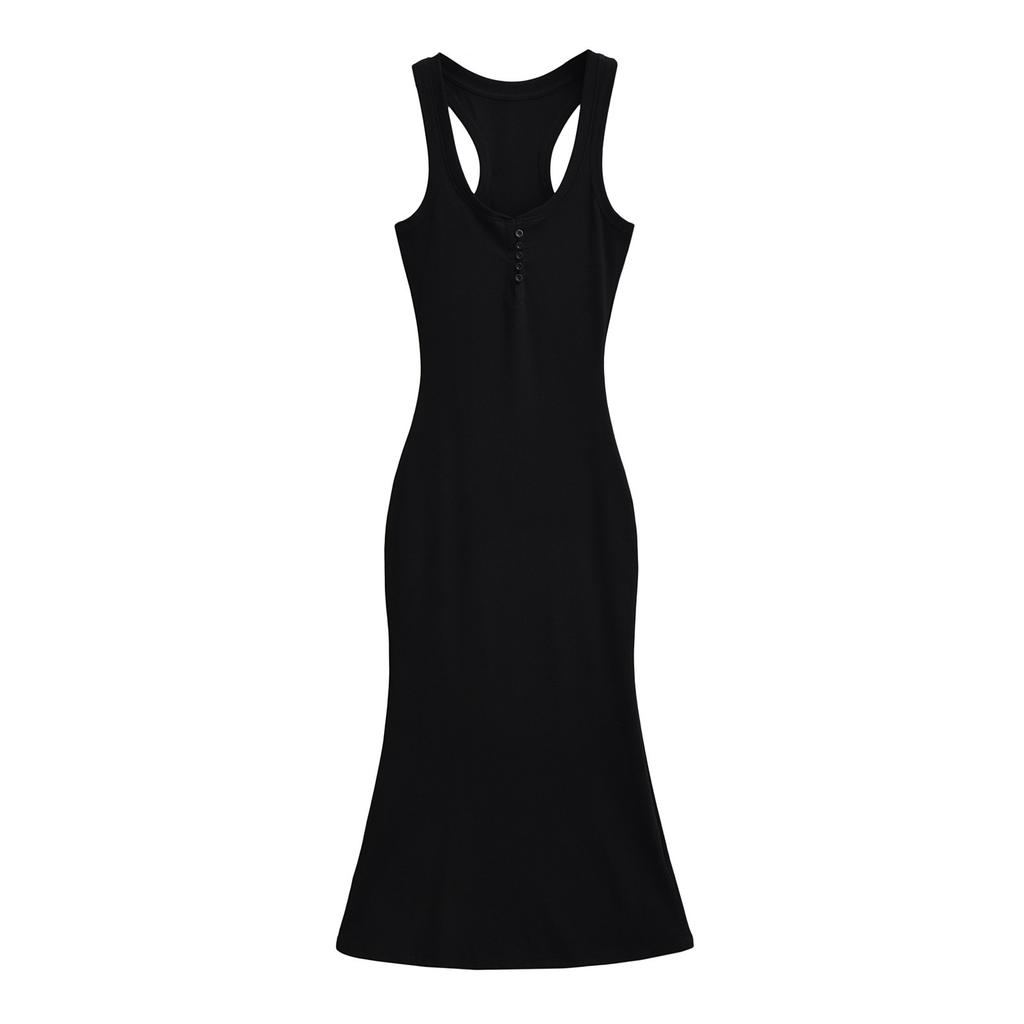 U-neck low-cut button-fitting dress, long dress, pure lust, Spice Girl sleeveless hip-wrapped skirt, slim bottom vest skirt