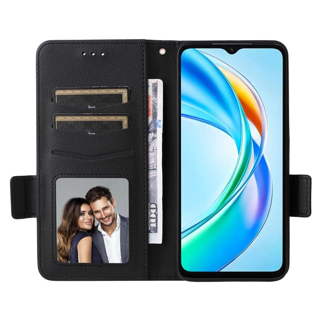 For Honor X5b/X5b Plus Case with Wrist Strap Litchi Texture PU Leather Wallet Phone Cover