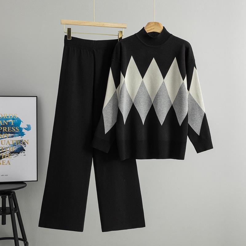 Women's Autumn/Winter Knitwear Set: Cross-Rhombus Half-High Collar Sweater with Wide-Leg Pants Fashion Two-Piece.