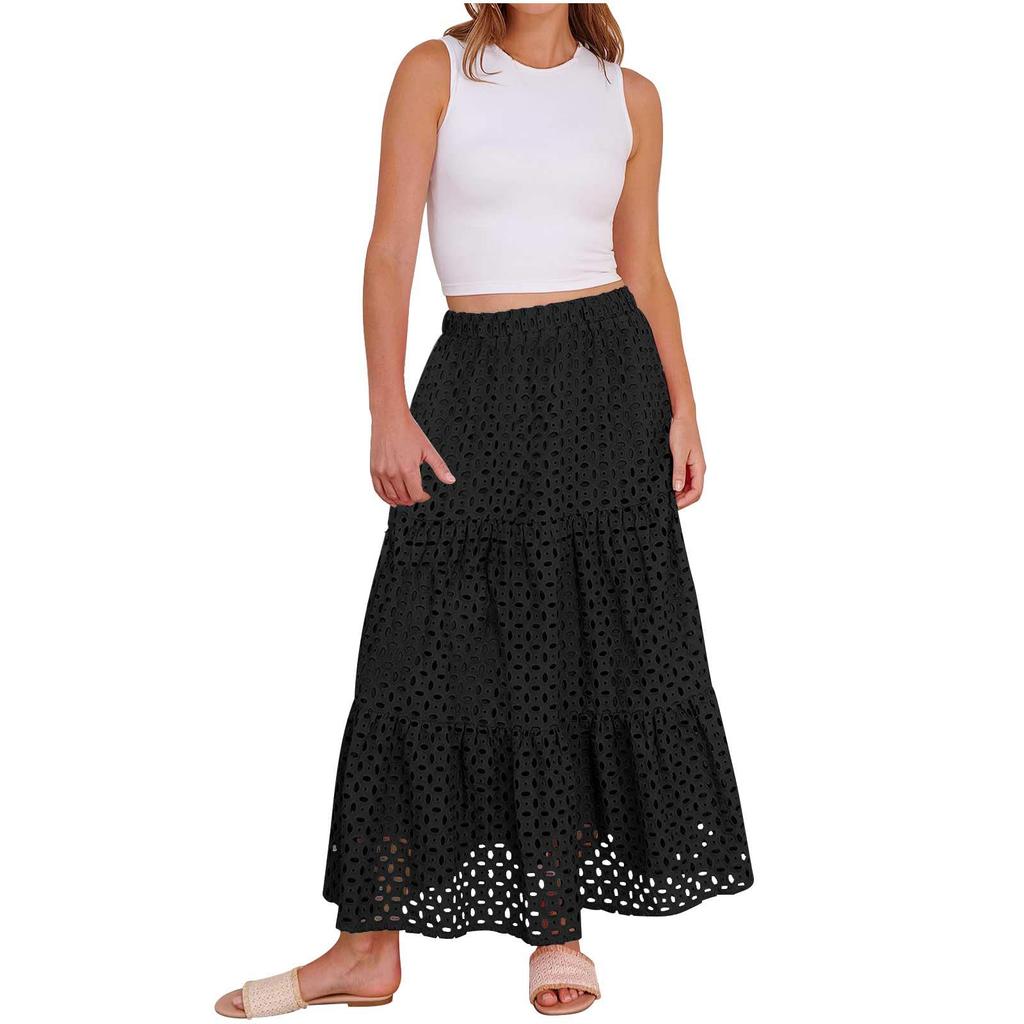 Damen Mode Farbe Bohemian Hohl Hohe Taille A-Linie Tasche Lang Lässiger Halber Rock