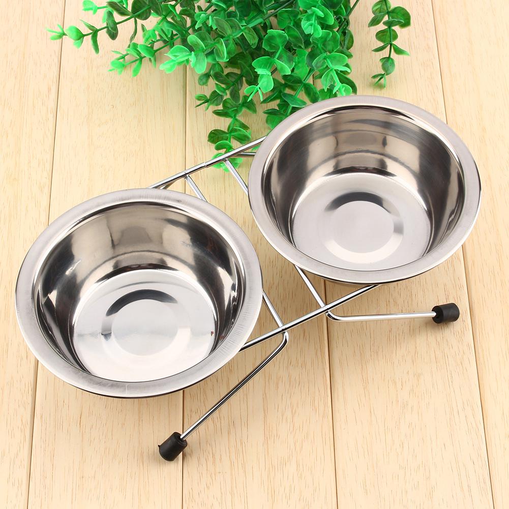 Cute Double Twin Stainless Steel Bowls Dog Puppy Cat Pet Food Water Bowl Dish Iron Stand