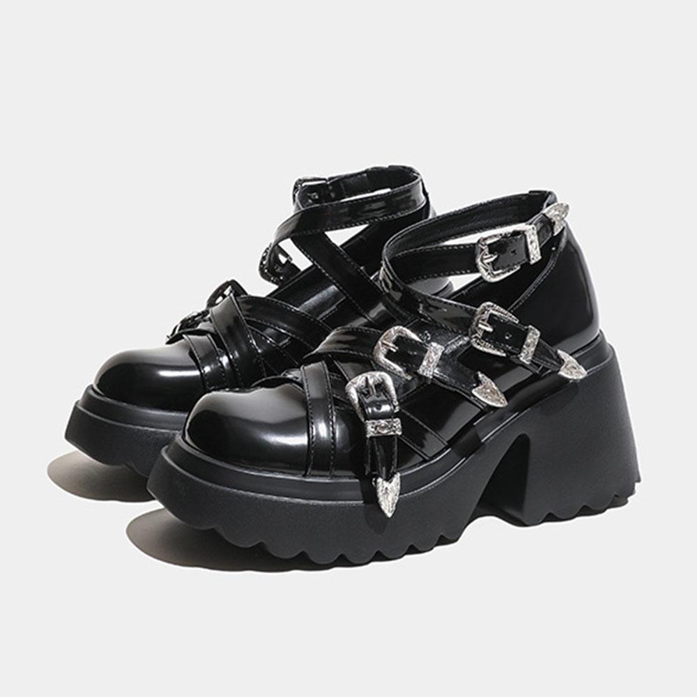 2025 Punk Women's Chunky Heels Shoes Fashion Black Gothic Buckle Belt Straps Platform Casual Pumps