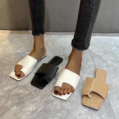 Damen Hausschuhe Zehensteg Flach Einfarbig Eckige Zehenpartie Lässig Damen Sandalen Nähen PU Neu Bequem Sommer Größe 35-43 PU
