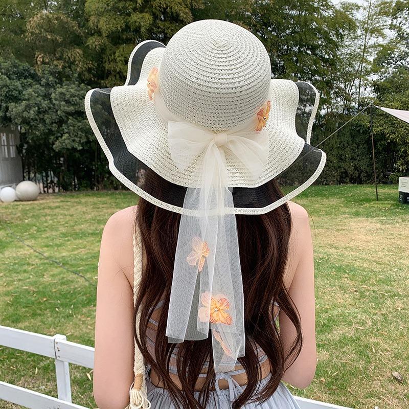 Summer Bow Sun Hat Female, Seaside Beach Vacation Sun Hat Outdoor Big Brim Sun Hat Sweet Straw Hat