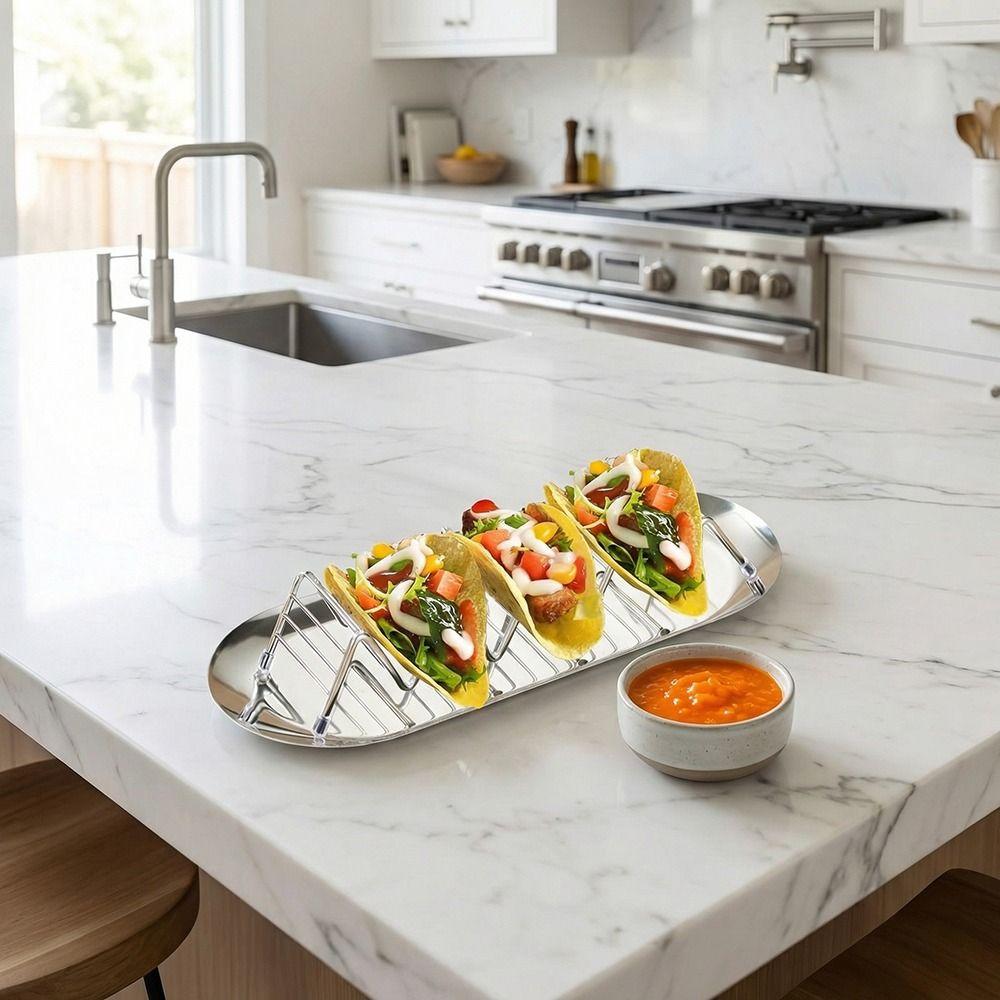 W-shaped Taco Stand with Tray Rust-proof Pancake Display Tray Stainless Steel Taco Holder Baking