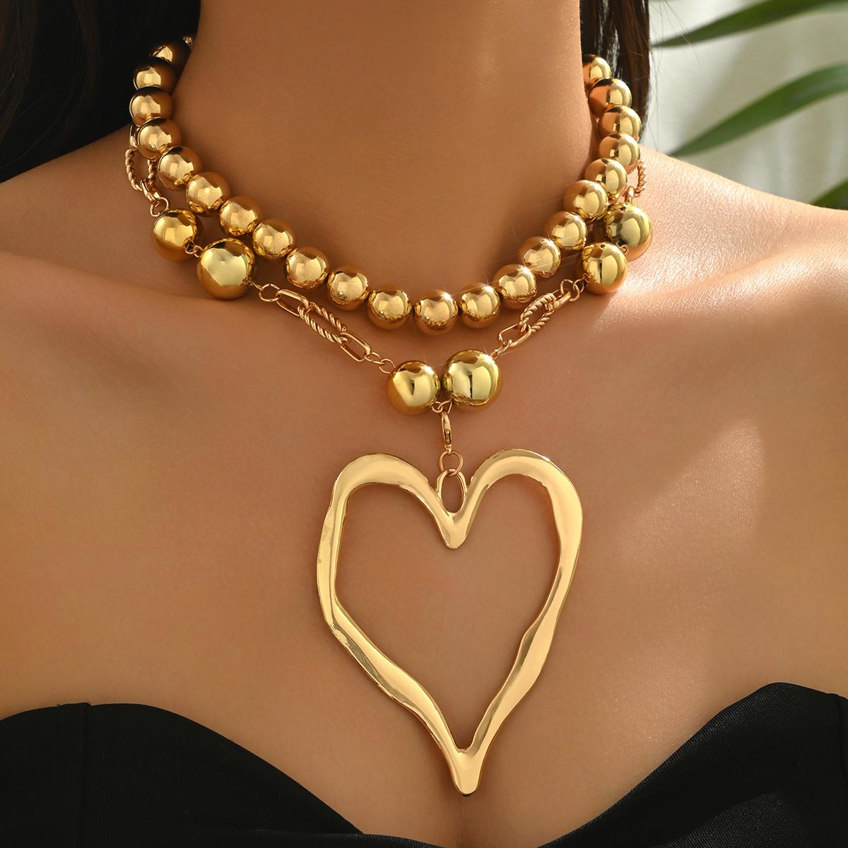 2PCS Gold Beaded Layered Choker Necklace Large Hollow Heart Pendant Y2K Boho Vintage Summer Trendy Statement Jewelry