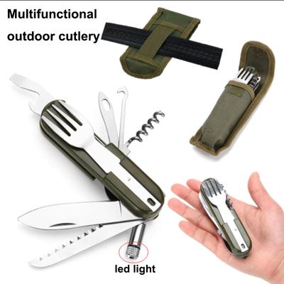 Outdoor Portable Army Green Folding Camping Cutlery Knife Fork Spoon Bottle Opener Tableware Stainless Steel Pocket Cutlery