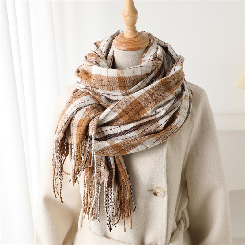 Simple Imitation Cashmere Warm Shawl Scarf Autumn And Winter Fashion High-End Plaid Elegant Rhyme Versatile Fringed Scarf
