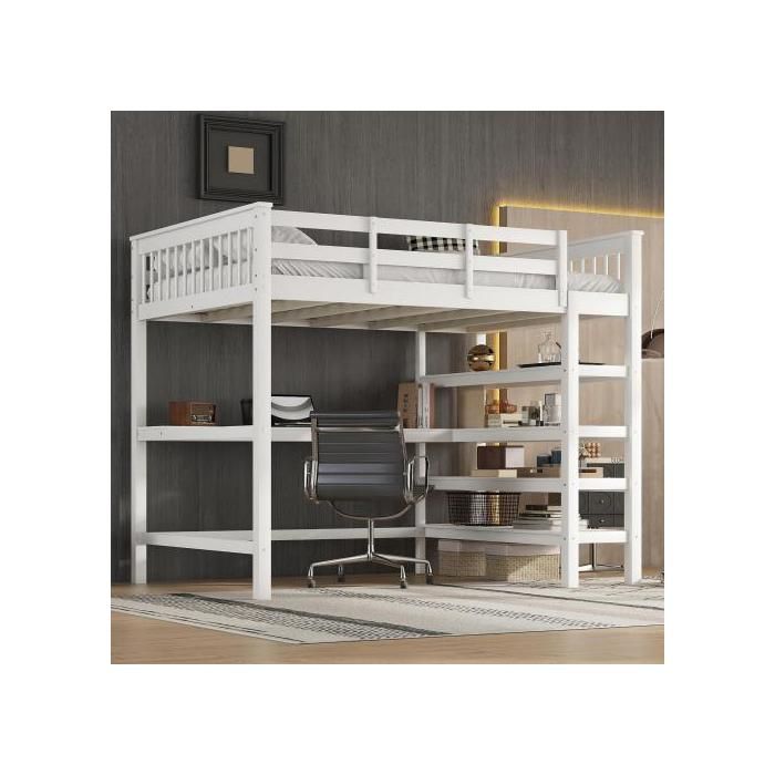 Hochbett - MUVOE - 140 x 200 cm - Integrierter Schreibtisch - Staufächer - Weiß