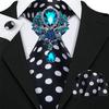 Mens Fashion Black Tie with Brooch Formal Silk Necktie Hanky Cufflink Set