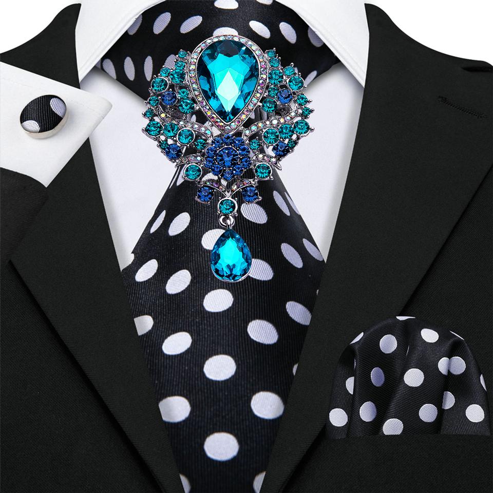 Mens Fashion Black Tie with Brooch Formal Silk Necktie Hanky Cufflink Set