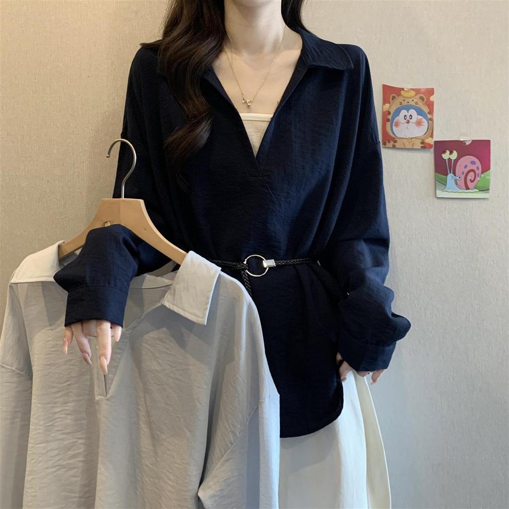 Korean-style V-neck Long-sleeve Shirt for Women, 2026 Spring and Autumn New Model, Versatile for Commuting, Faux Two-piece Top