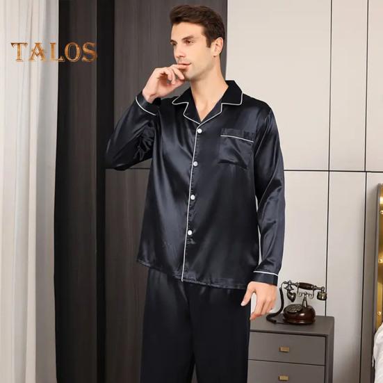 2-teiliges Pyjama-Set für Herren aus Seidensatin mit Knopfleiste, langärmeligem Pyjama-Oberteil mit Reverskragen, vorderer Knopfleiste, Brusttasche, lange Hose, Nachtwäsche