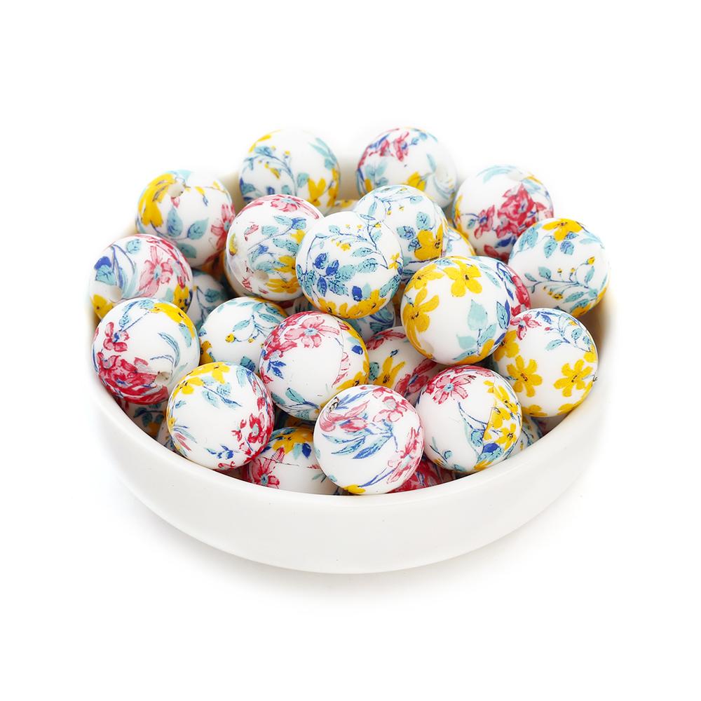 10Pcs 15mm New Silicone Beads Round Print Colorful Spacer Beads Food Grade Baby Nursing Necklace Pacifier Chain Teether Toys