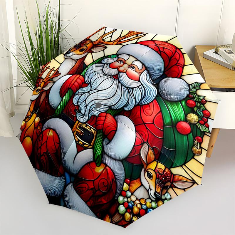 1 Stück Buntglas Nikolaus Design Automatisches Öffnen Faltschirm mit 3-Falt-Design, 8-Rippen Eisenrahmen, Outdoor, Festliches Geschenk für Fans, Reise