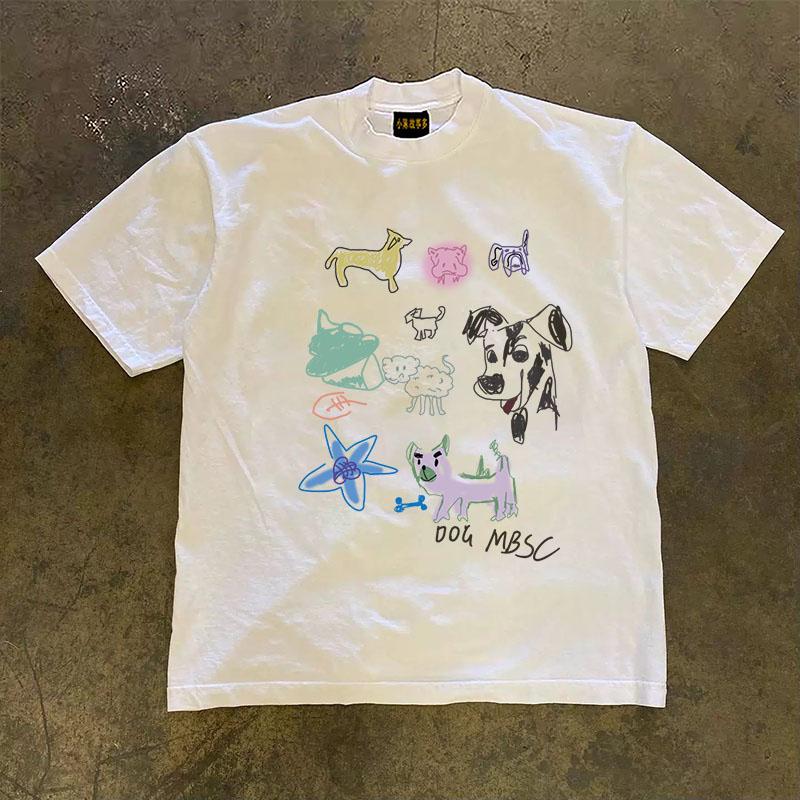Pure Cotton 3a260g Double Thread Loose Fit Short Sleeve Tshirt Unisex Breathable Comfortable American Retro Style Printed Top