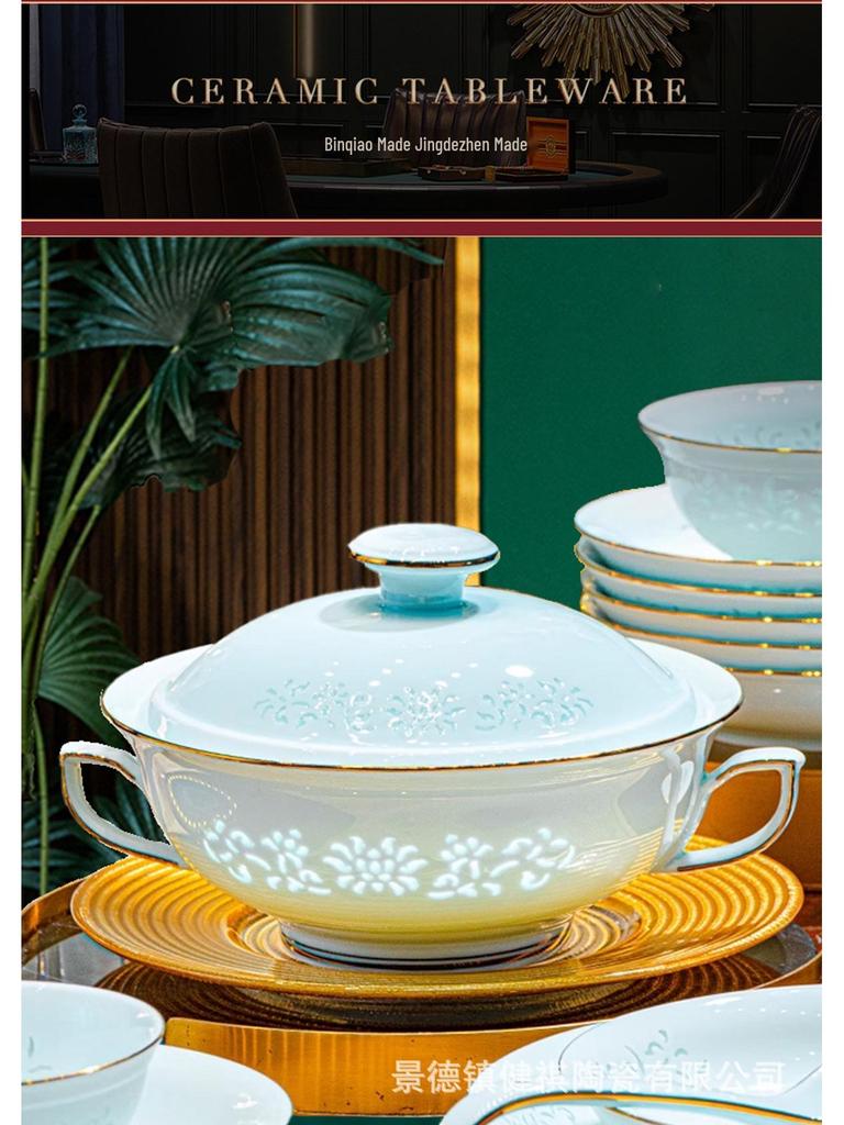 High-Temp Linglong Blue and White Porcelain Dinnerware Set: Elegant Underglaze Bowls & Plates