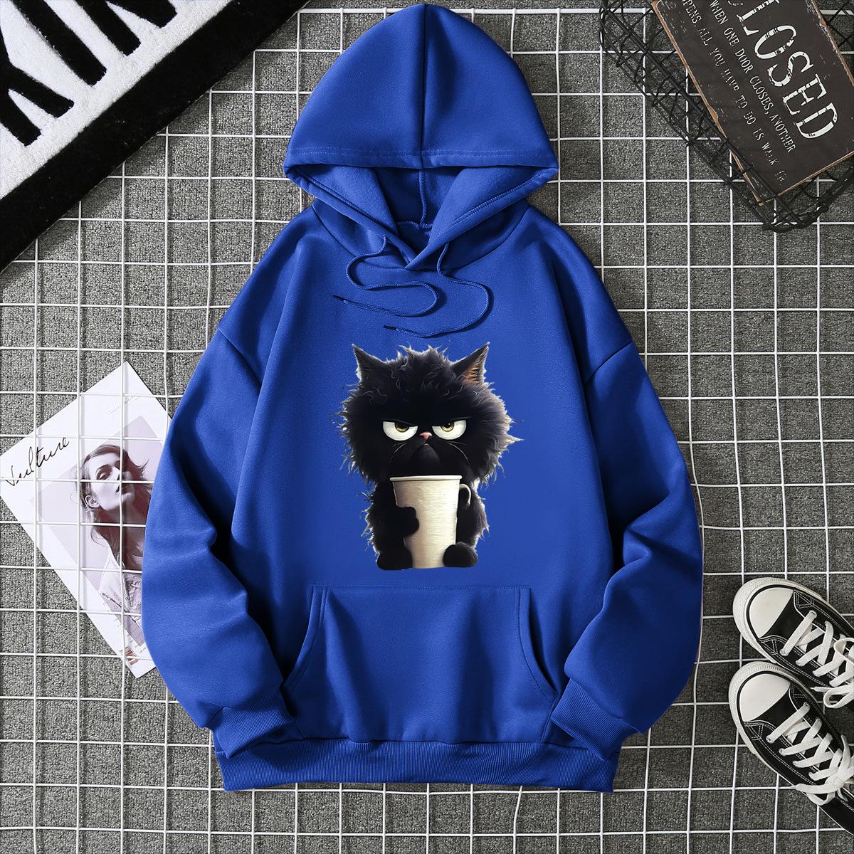 

Animal cat printed ribbed bottom hoodie 7023 3XL королівський синій колір