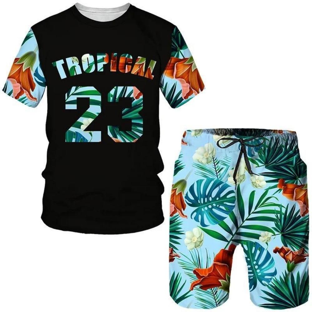 Men s Tracksuits Men Summer Round Neck Short Sleeve T-shirt Shorts Tropics Pattern 3D Printing Fashion Trend Casual New Set S