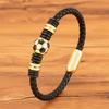 Sports Style Football Design Stainless Steel Button Woven Leather Men's Bracelet World Cup Gift Campus Gym Accessories