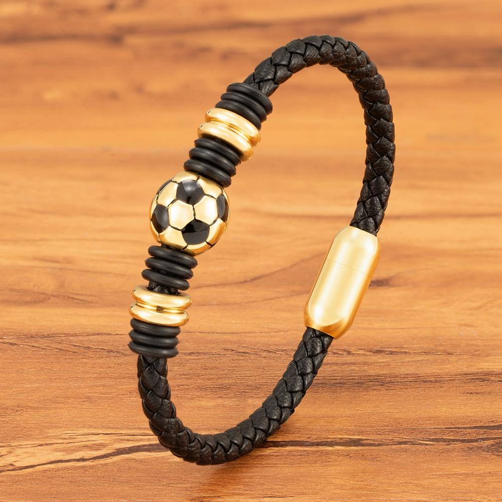 Sports Style Football Design Stainless Steel Button Woven Leather Men's Bracelet World Cup Gift Campus Gym Accessories