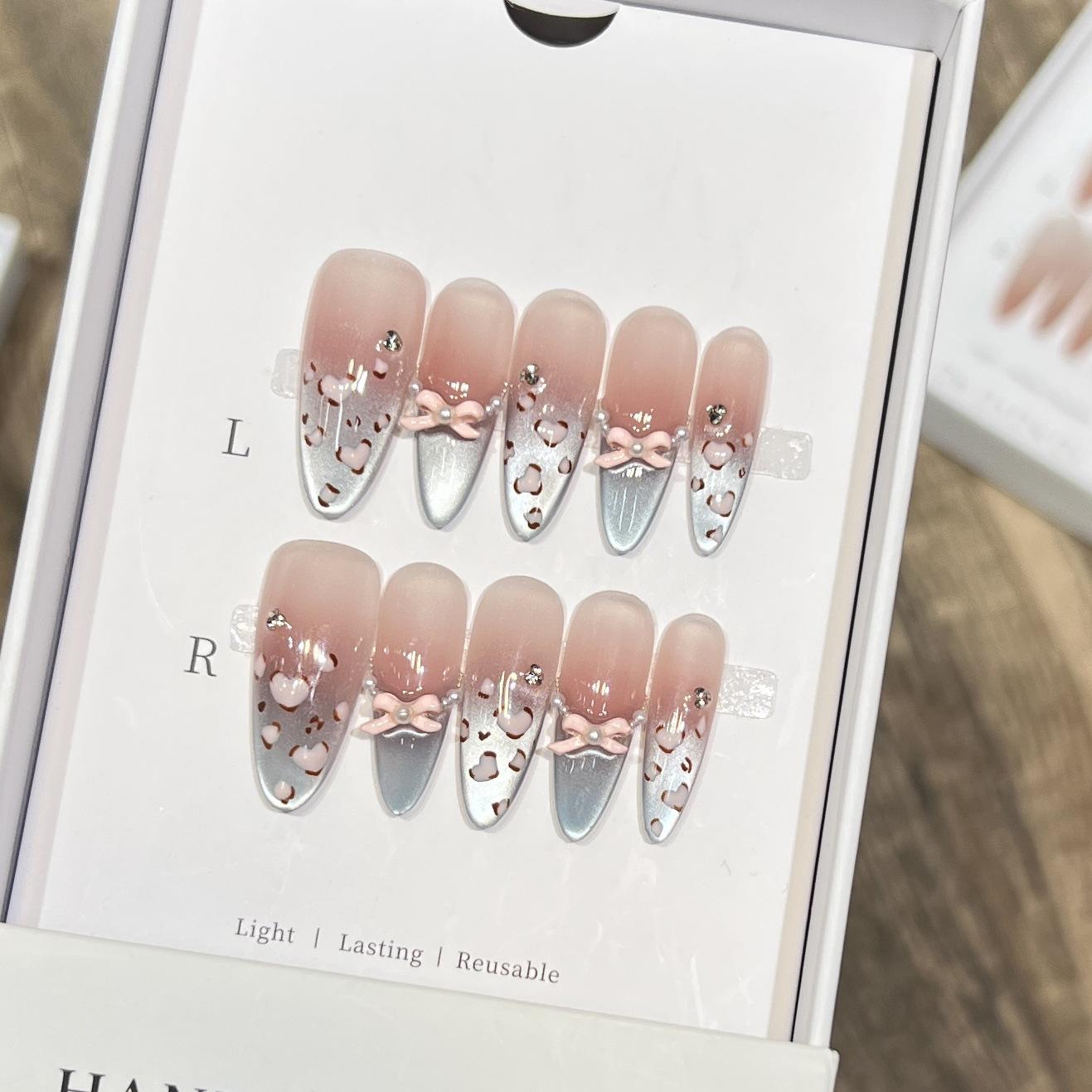 

Dairuisen Pink Leopard Blush Cat Eye Bow Nails - Handmade, Wearable, High-End Large (L)