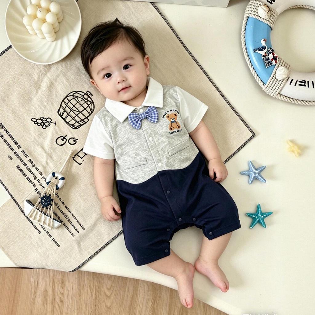 Summer Gentleman Short-Sleeve Baby Romper for Boys with Cute Bear, 100-Day Celebration